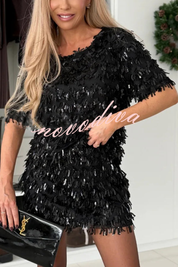 Polished Uptown Sequin Tassel Round Neck Short Sleeve Top and Elastic Waist Mini Skirt Set