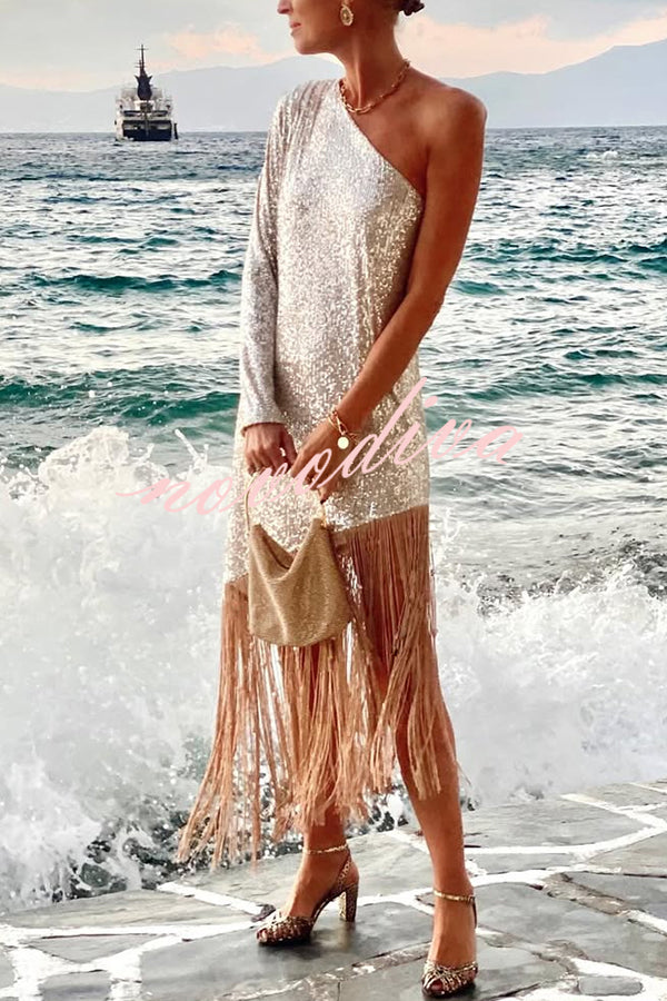Anika Sequin One Shoulder Sleeve Tassel Hem H-line Midi Dress