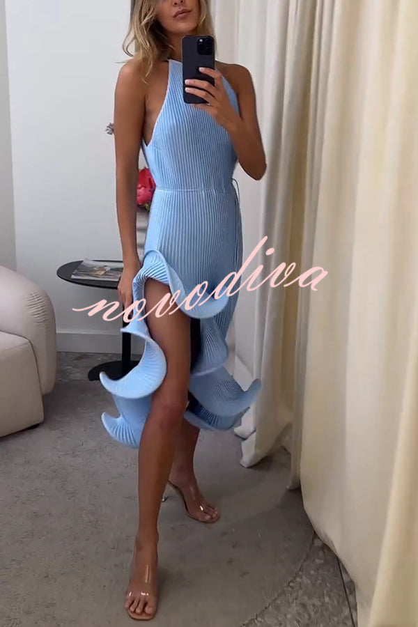 Solid Color Sleeveless Waist Tie Irregular Ruffle Slim Midi Dress