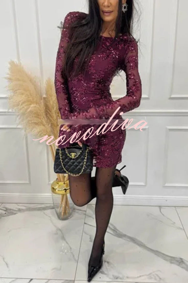 Deep and Dazzling Floral Texture Sequin Long Bell Sleeve Open Back Mini Dress