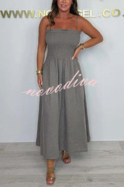 Solid Color Casual Short Jacket and Suspender Pleated Maxi Dress Set