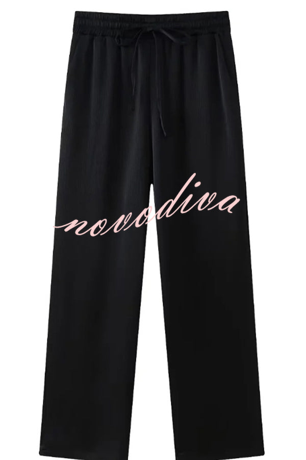 Fashionable Pleated Elastic Waist Tie Casual Pocket Wide-leg Pants