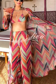 Gypsy Girl Triangle Pattern Beaded Halter Tie-up Stretch Bikini Set