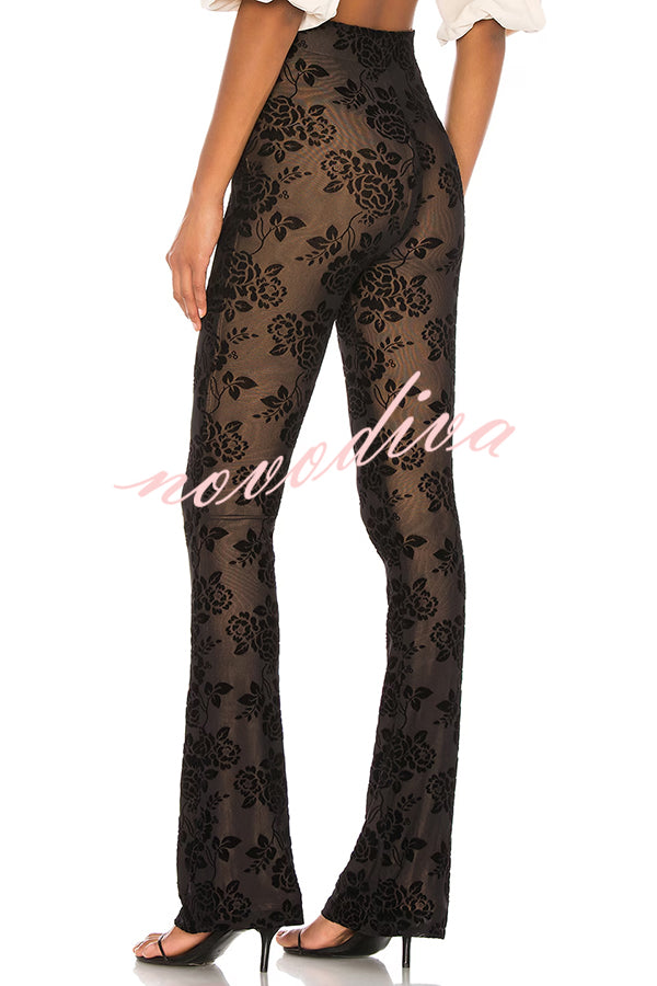 Romance Detail Flower Pattern Mesh Elastic Waist Stretch Flare Pants