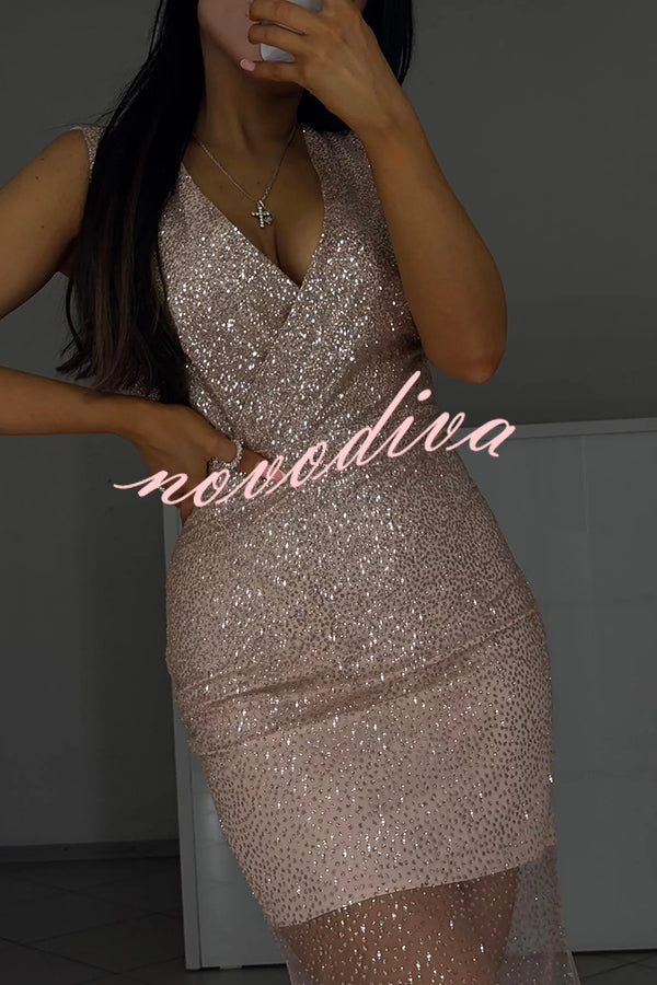 Olivia See-through Mesh Sequin Fabric Warp V-neck Party Maxi Dress