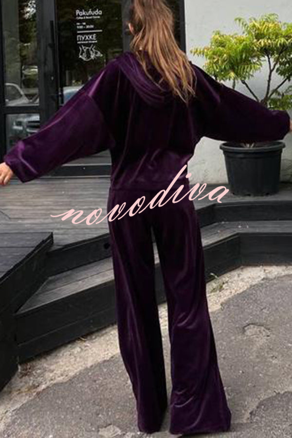 Velvet Casual Zip-up Hooded Top and Elastic Waist Wide Leg Pants Set