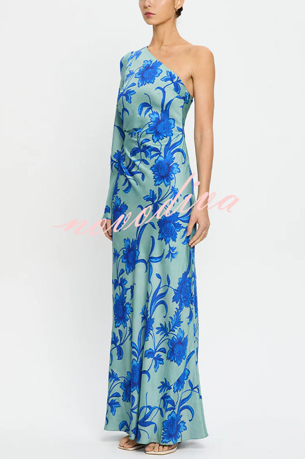 Satin Botanical Print One-Sleeve Resort Maxi Dress