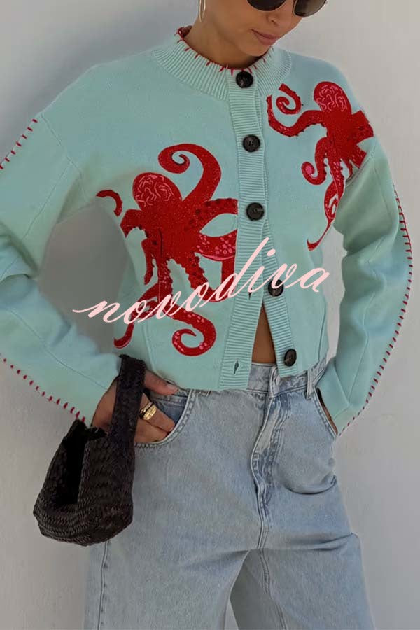 Coastal Fashion Knit Octopus Graphic Contrast Piping Button Up Loose Cardigan