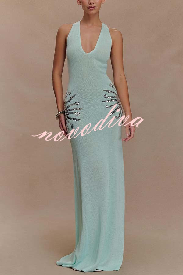 Sparkling Nights Knit Sunburst Sequin Detail Back Cross Straps Stretch Maxi Dress