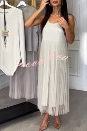 Jensine Ribbed Knit Irregular Loose Sweater and Pleated Tulle Tank Midi Dress Two-piece Set