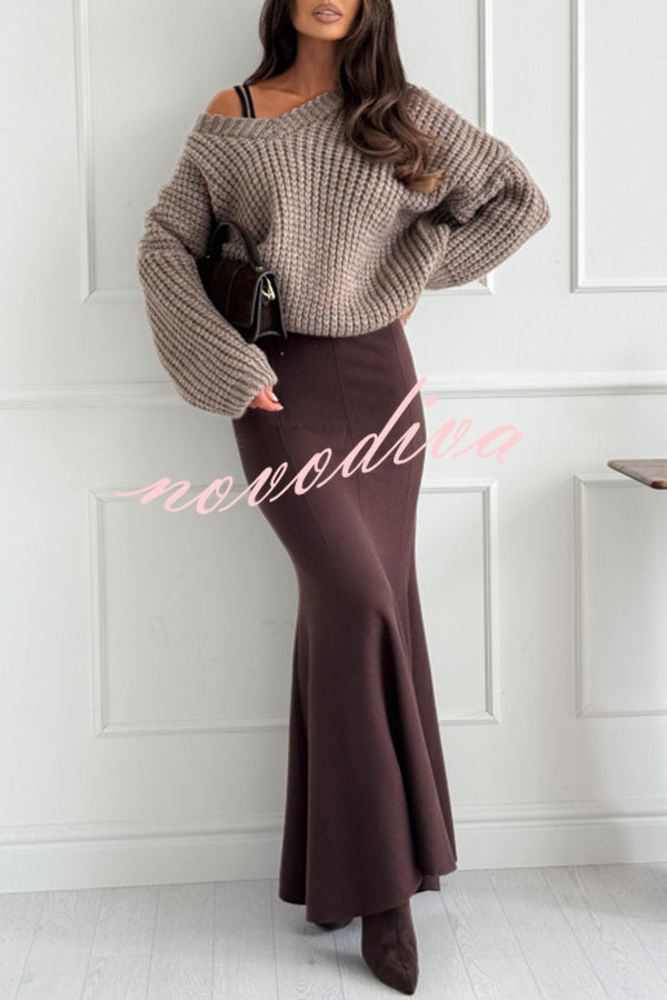 Caitlin Knit Stretch Fabric High Waist Fishtail Casual Maxi Skirt