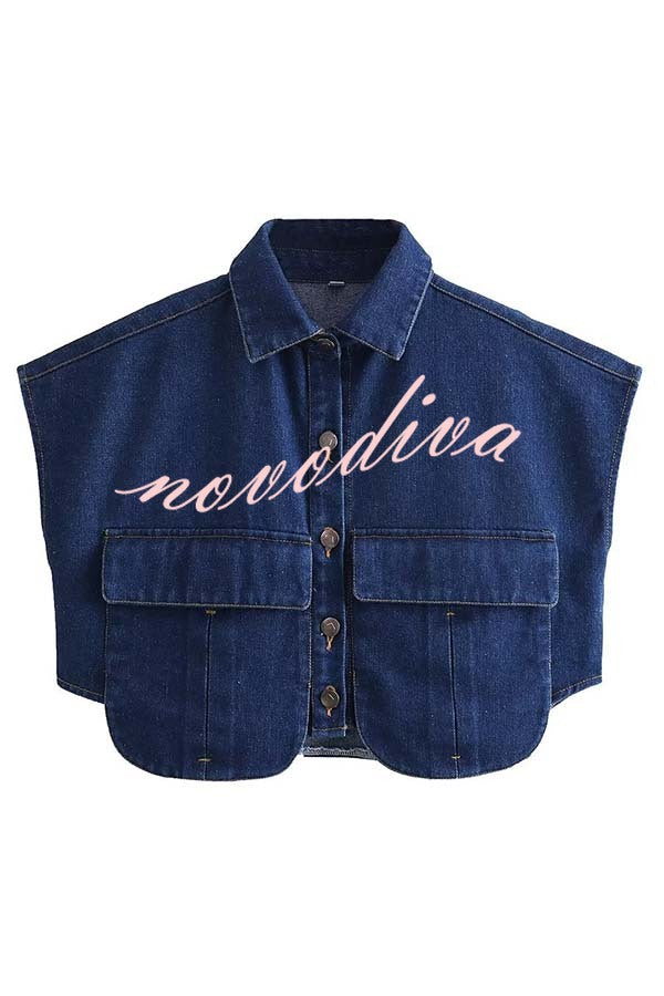 Stylish Weekend Denim Button Up Cape Sleeve Pocket Crop Top