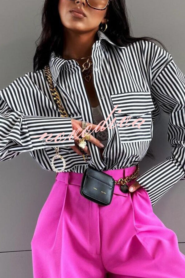Stripe Print Lapel Long Sleeve Pocket Casual Shirt