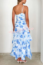 Romantic Season Flower Print One Shoulder Ruched Tiered Maxi Dress