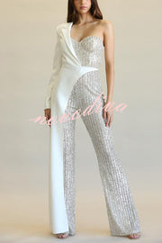 Fashionable Sequined Patchwork One-sided Long-sleeved Asymmetrical Jumpsuit
