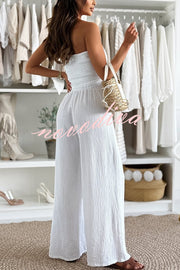 Linen Blend Solid Color Off-the-shoulder Pleated Casual Pocket Wide-leg Jumpsuit