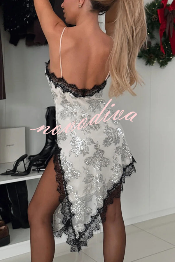 Charming and Romantic Floral Sequin Lace Trim Irregular Slit Hem Slip Mini Dress