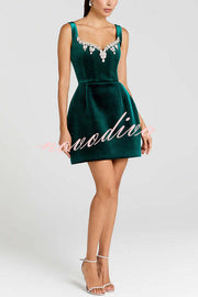 Blair Luxurious Velvet Jewel-encrusted Sweetheart Neck Pocket Tulip Stretch Mini Dress