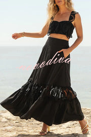 Summer City Hollow Lace Crop Tank and Elastic Waist Pocketed A-line Maxi Skirt Set
