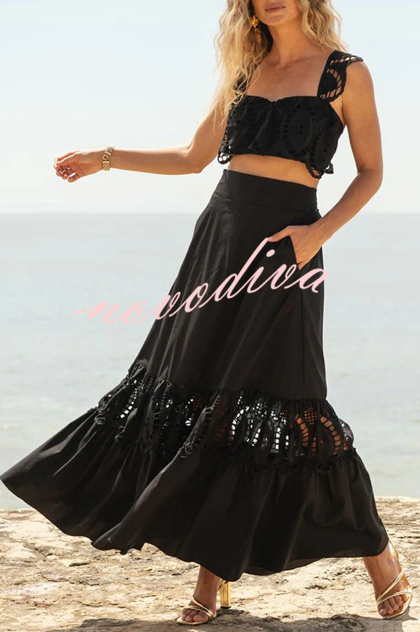 Summer City Hollow Lace Crop Tank and Elastic Waist Pocketed A-line Maxi Skirt Set