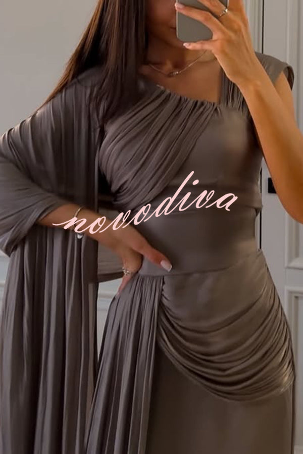 Solid Color Satin Sleeveless Waist Elegant Pleated Ribbon Maxi Dress