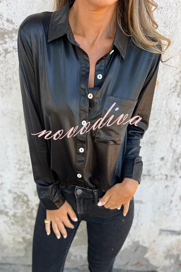 Holiday Look Solid Metallic Loose Pocket Button-down Blouse