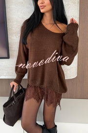 Comfy and Sweet Knit Lace Patchwork Hem Wide Neck Long Sleeve Loose Sweater