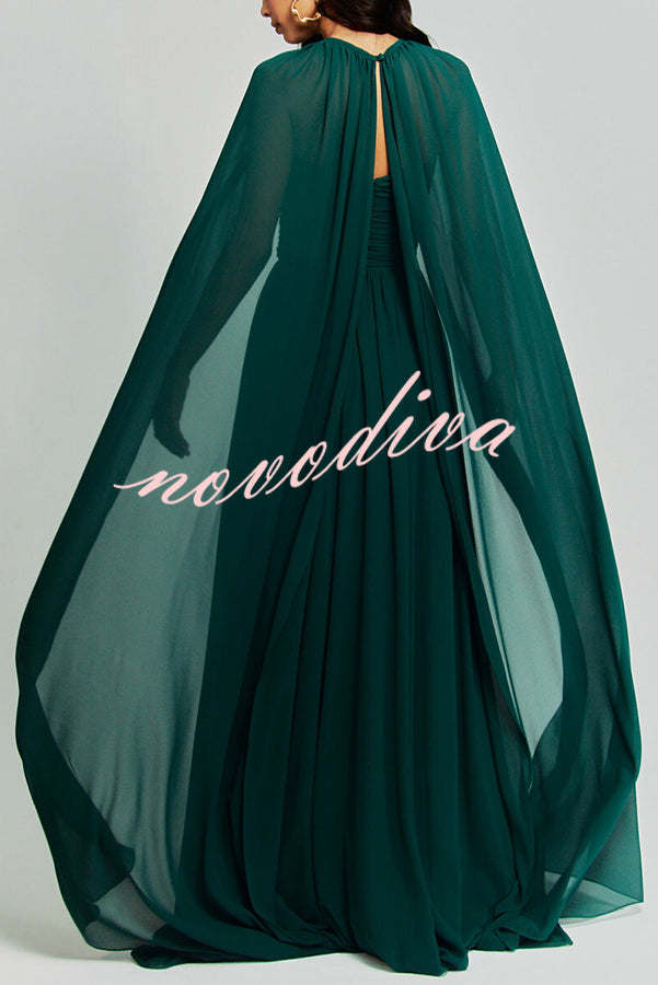 Romantic Party Chiffon Off Shoulder Sweetheart Neck Ruched Cape Maxi Dress