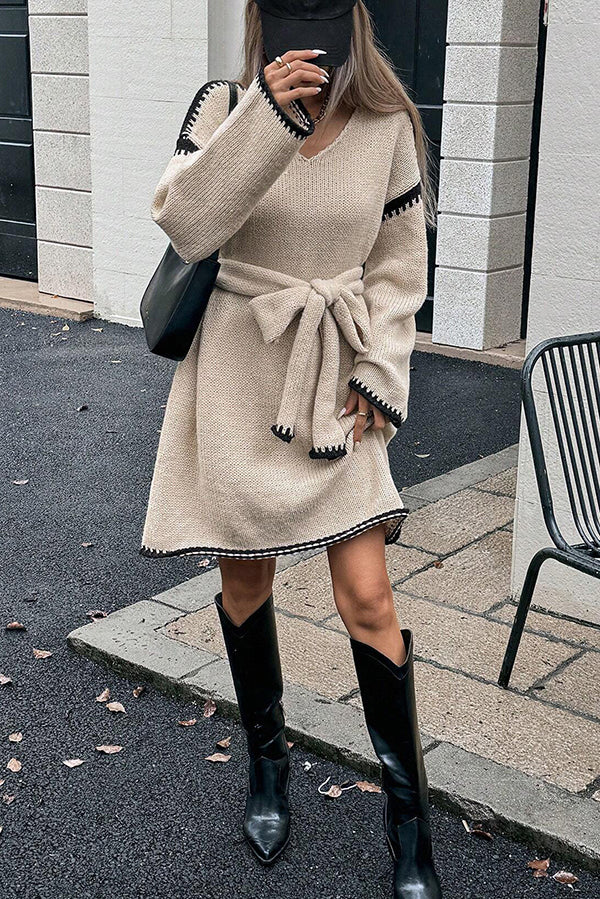 Stylish Loose-fitting Long-sleeved Tie-waist Knit Mini Dress