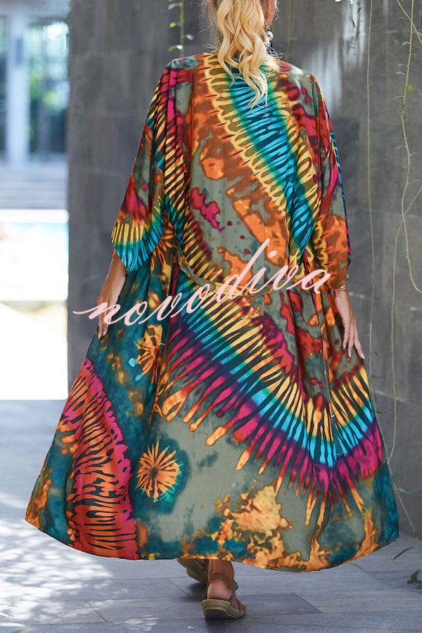 Unique Print Loose Lace Up Holiday Maxi Cover Up