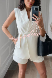 Luiza Detachable Button Belt Lapel Vest and High Rise Pocket Loose Shorts Set