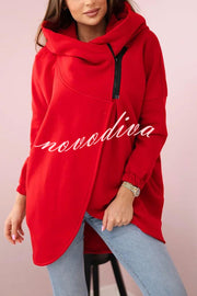 Solid Color Loose Hooded Zip-up Casual Sports Jacket