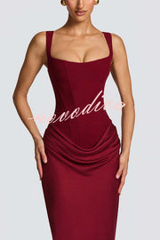 Larrah Square Neck Back Lace-up Satin Drape Hem Maxi Dress