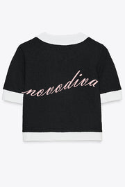 Fashionable Contrast Color Knitted Short-sleeved Button-down Top