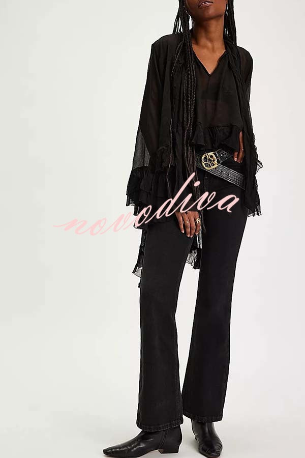 Flowy See-through Ruffle Tie-up Neck Bell Sleeve High-low Hem Cape Shirt