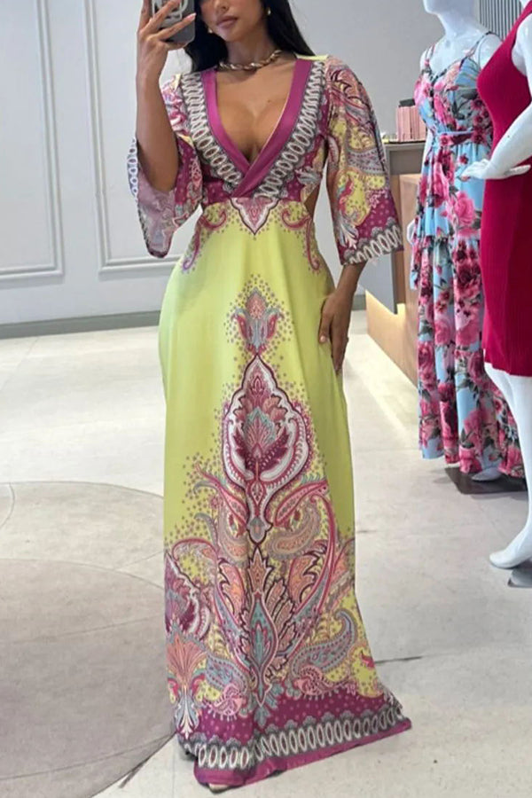 Stand Out and Shine Palace Style Print Bell Sleeve Backless Vacation Maxi Dress