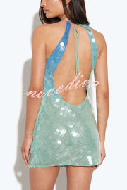 Fashion Sexy Sequined Backless Halter Neck Slim Fit Mini Dress