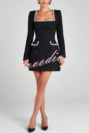 Girly and Glamorous Tweed Fabric Pearl Trim Long Slit Sleeve Pocketed Mini Dress