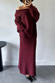 Luka Ribbed Knit Off Shoulder Long Sleeve Sweater and Stretch Maxi Skirt Set