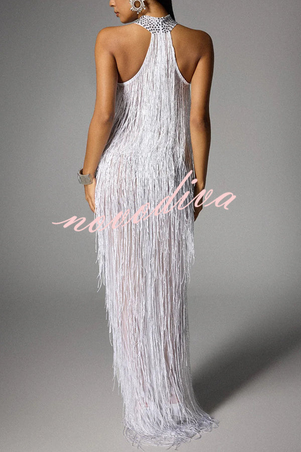 Glimmer Hour Shiny Layered Tassels Halter Cutout Neck Split Maxi Dress