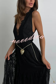 Fashionable Sheer Lace V-neck Backless Elegant Maxi Dress