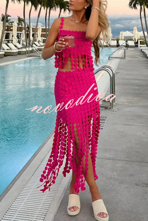 Caitlin See Through Circle Embroidery Elastic Waist Tassle Hem Maxi Skirt