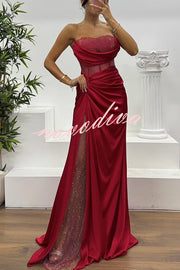 Essie Satin Rhinestone Patchwork Twist Waist Strapless Slit Maxi Dress