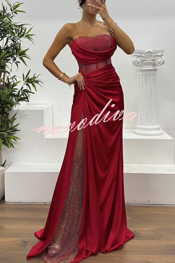 Essie Satin Rhinestone Patchwork Twist Waist Strapless Slit Maxi Dress