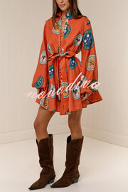 Linen Blend Unique Print Tie Waist Loose Mini Dress