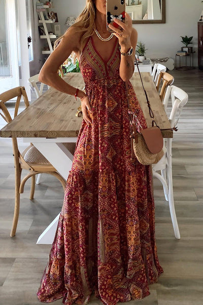 Celeste Boho Printed Strap Elastic Waist Maxi Dresses