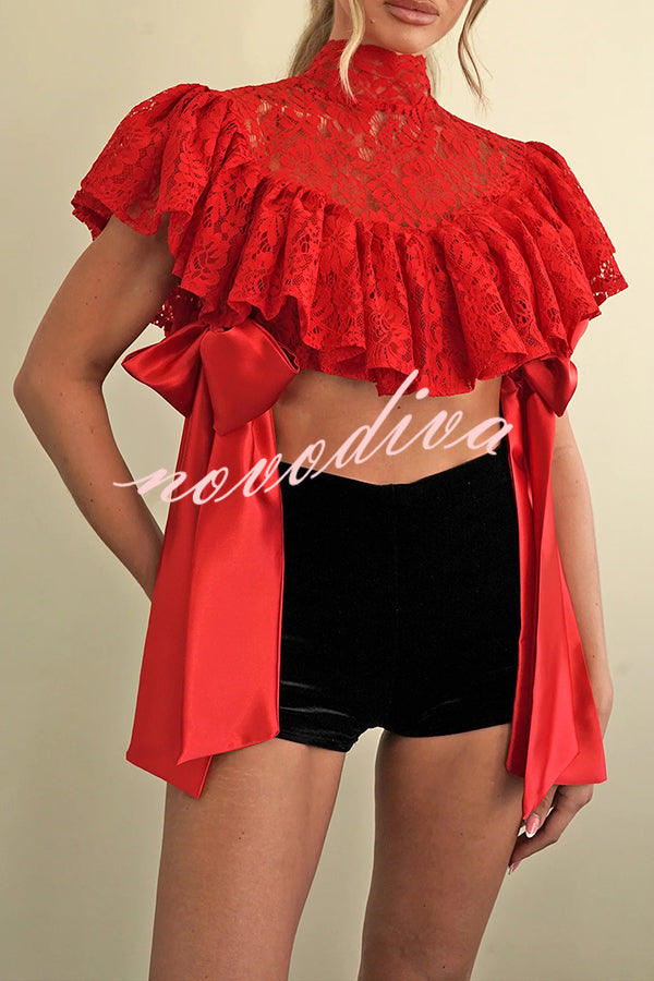 Clarissa Lace High Neck Side Tie-up Cascading Ruffles Cropped Cape Top