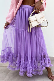 Elegant Tulle Stretch Waist Paneled Pleated Maxi Skirt