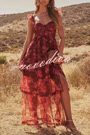 Romantic and Elegant Mesh Floral Back Smocked Tiered Ruffle Maxi Dress