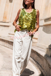 Fashionable Sequined Round Neck Sleeveless Loose Vest